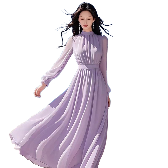 셀럽당솔리드 원피스 쉬폰 긴팔 롱스커트 봄가을 진자락 스커트