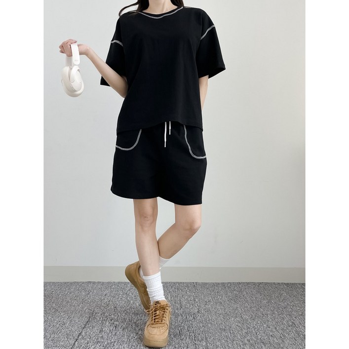 비비슈가 여름 트레이닝복 루즈핏 반팔 상하의 세트 루즈핏 심플 반팔 반바지 트레이닝 세트 캐주얼 세트 상하세트 셋업 투웨이