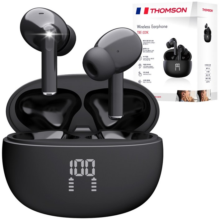 프랑스 톰슨 ENC 노이즈 캔슬링 LED 블루투스 6.0 이어폰 무선 방수, 블랙 TBE-201K