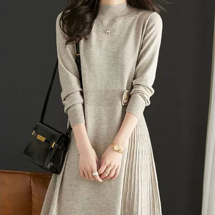지고다그 여성 추동 니트 롱 원피스 반폴라 슬림핏 벨트 셔링 디자인 따뜻한 빅사이즈 데일리룩 YZH73598