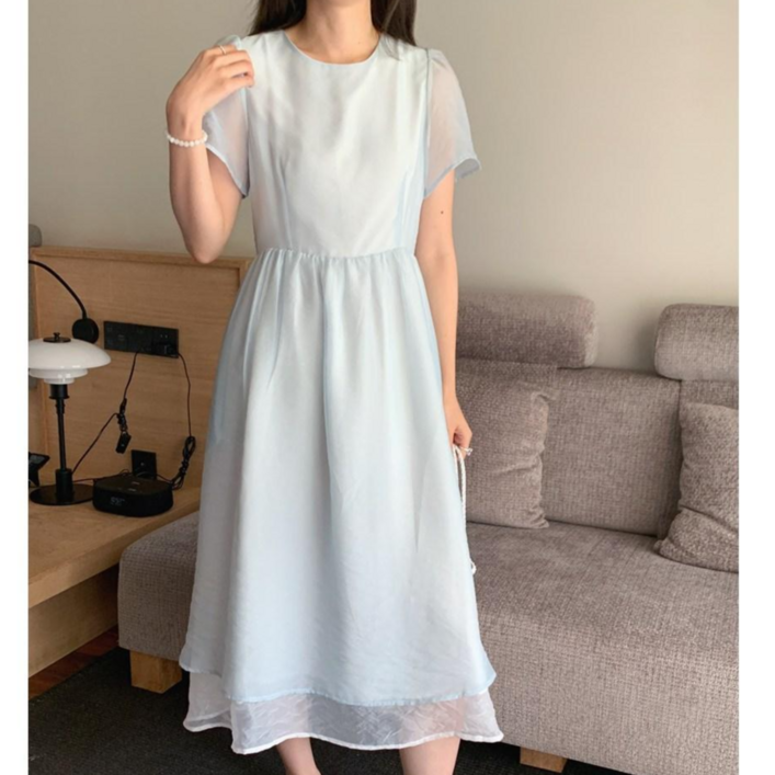 banhany케이포 페미닌 퍼프 오간자 플레어 롱 원피스