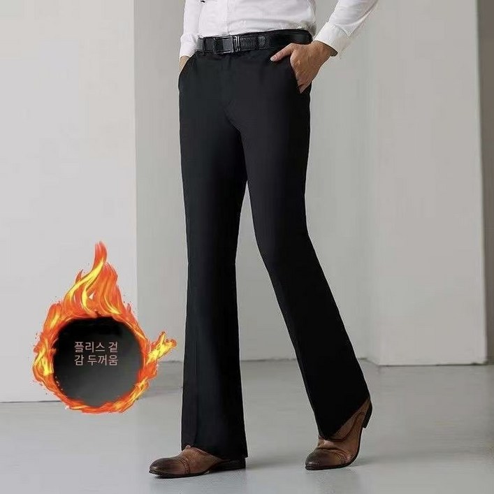겨울에 두꺼운 사이즈 남자 나팔바지  슬림핏 세미정장바지  캐주얼 데일리 신축성 와이드 바지긴바지