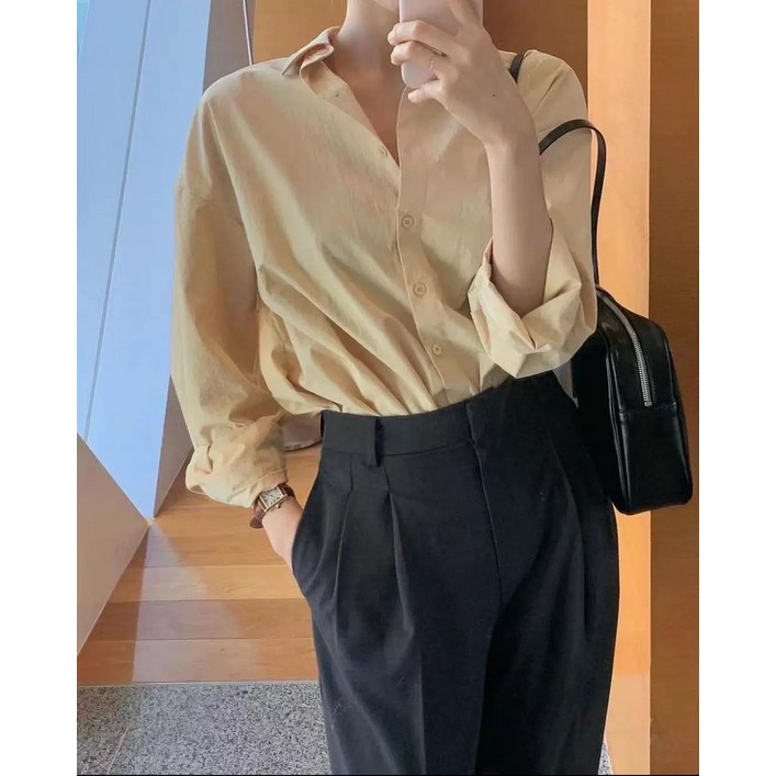 극복 언니 통근 칼라 와이드 코튼 심플 싱글 연노랑 셔츠
