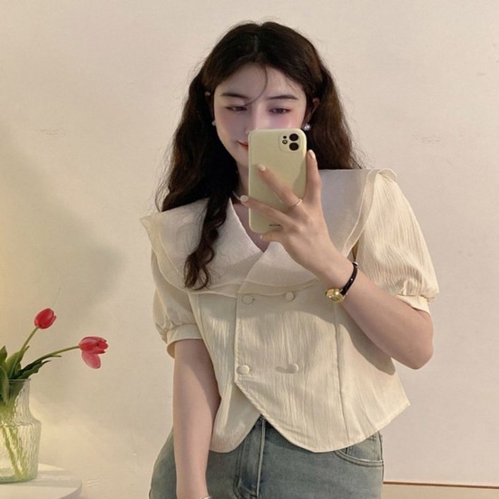 블라우스 셔츠 브라우스 여성 여름 반팔 빅카라 레이스 러블리 자켓형