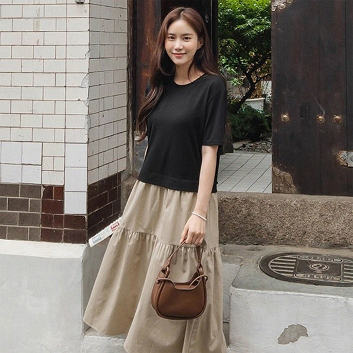 마이더스비 마딜 셔링 배색 원피스