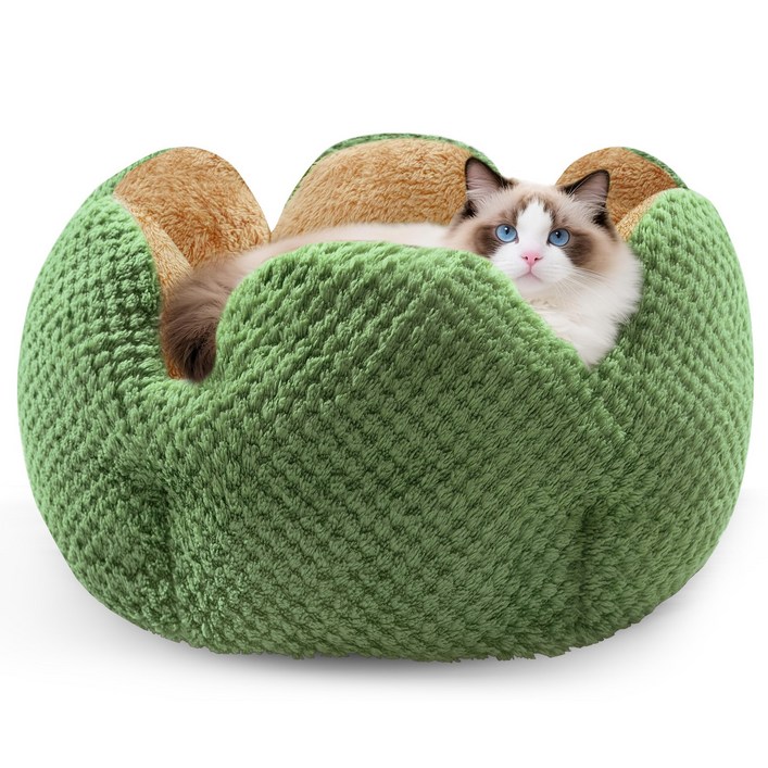 [Spring Blossoms] 선인장 모양 반폐쇄형 고양이 침대 - 탈착식 매트 포함, 고양이가 안심하고 편안히 자는 따뜻한 플러시 펫베드