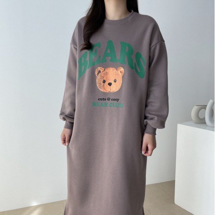 바이엘르 기모 도톰한 곰돌이 프린팅 맨투맨 롱 원피스 빅사이즈