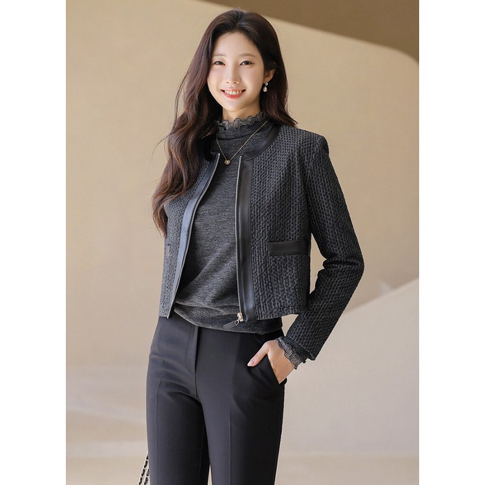 스타일온미 스타일온미  셀리온 에코 레더 배색 다이아 쟈가드 노카라 세미 크롭 집업 자켓