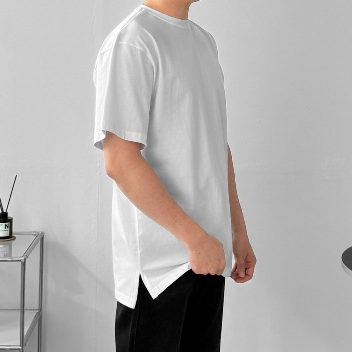 무드옴므 국내제작 20수 레이어드 오버핏 반팔 티셔츠 옆트임 순면 무지 롱 반팔티