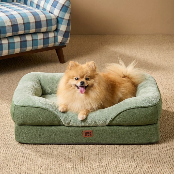 EHEYCIGA 메모리폼 함유 정형외과 사방테두리 반려견 강아지방석 사계절용 푹신한 편안한 반려견 소파, 1개, 잔디색
