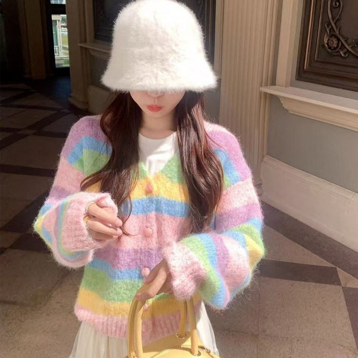 유미스타일 가을 신상 여성 레인보우 스트라이프 니트 가디건 아우터