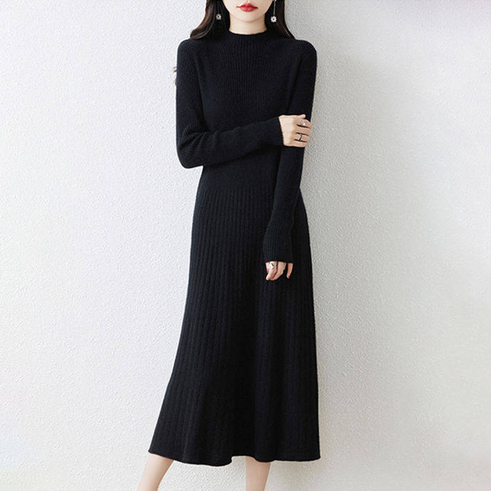 NUNUHANA 여성 데일리 슬림 반폴라 롱 니트 원피스