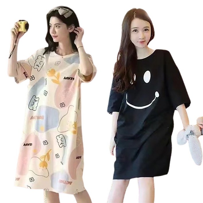 1+1 글램디아 여성 캐릭터 프린팅 반팔 롱 티셔츠