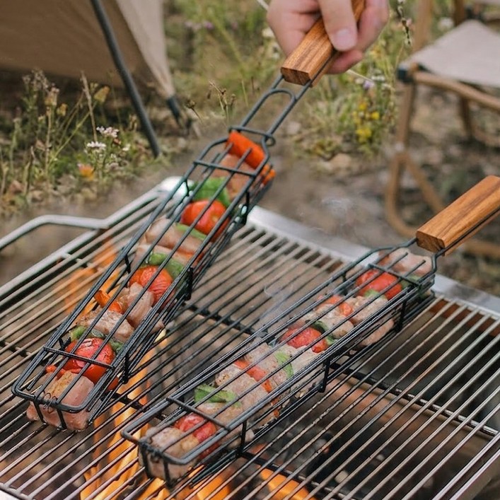 캠핑 꼬치용 그릴 바베큐 바스켓 BBQ, 1개, 우드손잡이