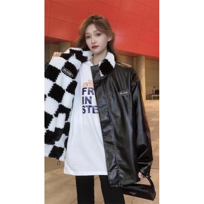 EZEK 디자인 빈티지 디자인 바둑판 체크 뽀글이 양면 패딩 아우터 여 도톰 패딩