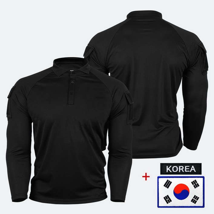 택티컬 셔츠 아머 전술 긴팔 카라 티셔츠 검정  태극기 코리아 패치  밀리터리 경호 가드 강철부대 시큐리티 전술 훈련 장비 서바이벌 아웃도어 보안 요원 부대 스포츠
