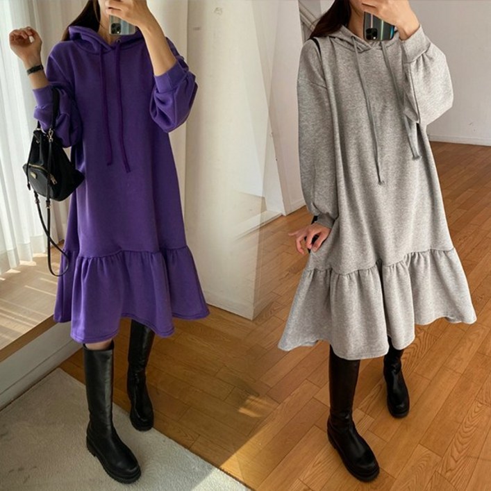 아이우먼 여자 빅사이즈 기모 후드 원피스 겨울 밑단 프릴 후디 롱 ops 캐주얼 따뜻 66120 size 여성큰옷