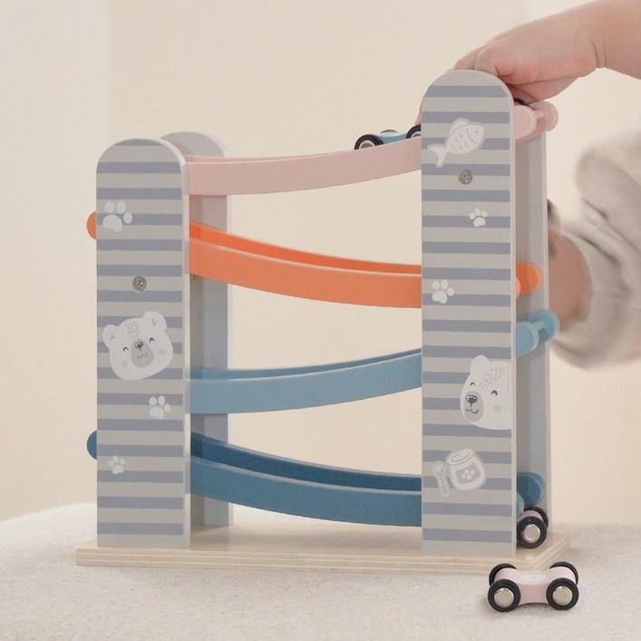 폴라비 유아 돌 아기 주차타워 주차장 원목 자동차 미니카 슬라이드 장난감, 1개