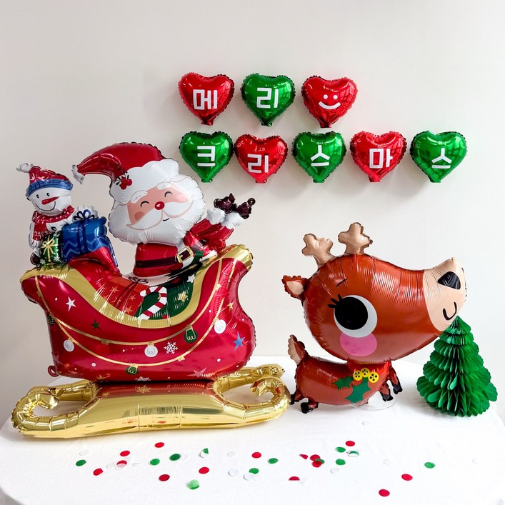 쏙쏙마켓 크리스마스 파티용품 미니 하트 레터링 메리크리스마스 풍선세트 연말 파티 생일 기념일 소품, 1세트, 썰매산타x루돌프
