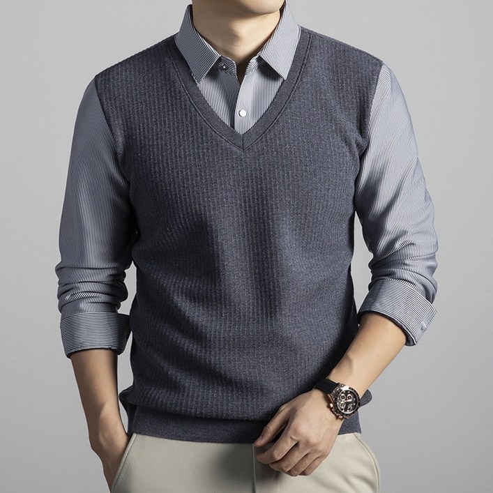 남성 가을 겨울 이중 카라 기모 니트 기모 니트 셔츠