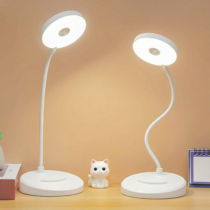 HUIJII 휴대용 원형 터치 학습용 LED 스탠드 2000mAh 배터리, 화이트