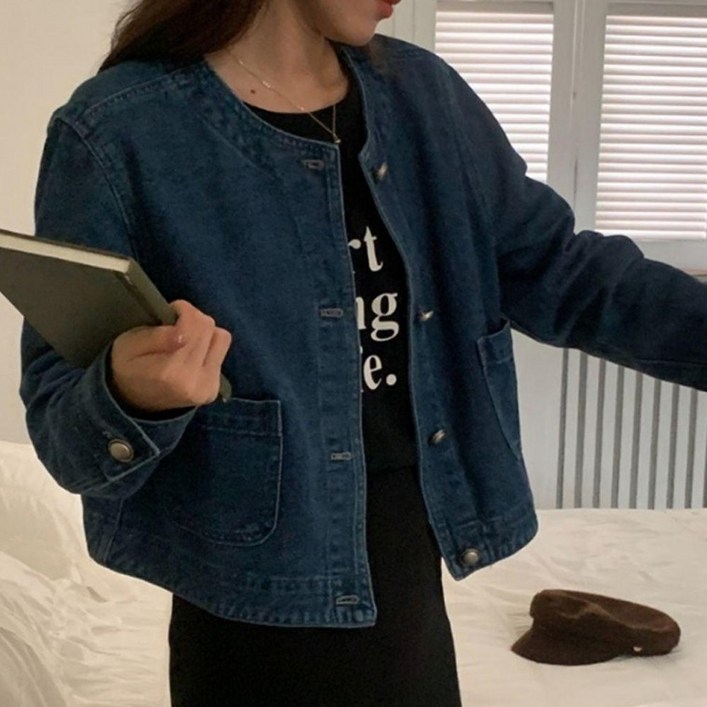 노카라 숏 크롭 청자켓 봄 가을 데님 자켓