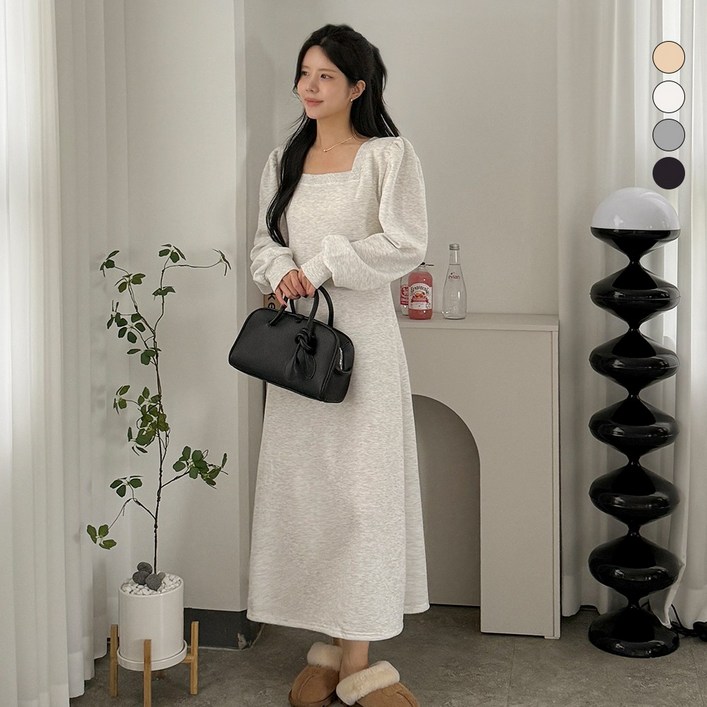 디테일웨어 여성 마델 기모 스퀘어넥 퍼프 롱원피스 어깨셔링 플레어 스커트 오버핏 편한원피스 임산부 원피스