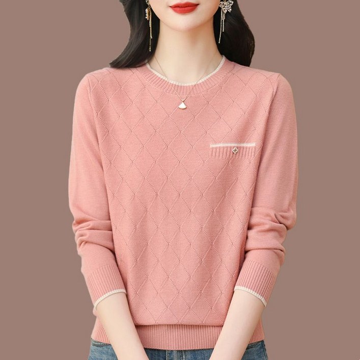 중년 여성 라운드넥 니트 티셔츠 봄 가을 엄마 루즈핏 스웨터 캐주얼 코디 얇은 이너 상의 SJS