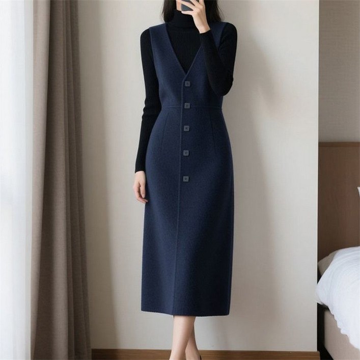 AOKADA 여성 가을 겨울 슬림핏 브이넥 민소매  조끼 롱 정장 원피스