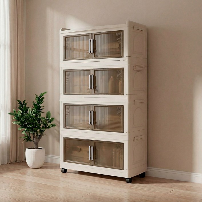 SHEU 접이식 수납장 대형 다용도 폴딩박스 대용량 수납장 리빙박스 가정용 이동식 옷장 거실 주방 정리함, 4개, 투명