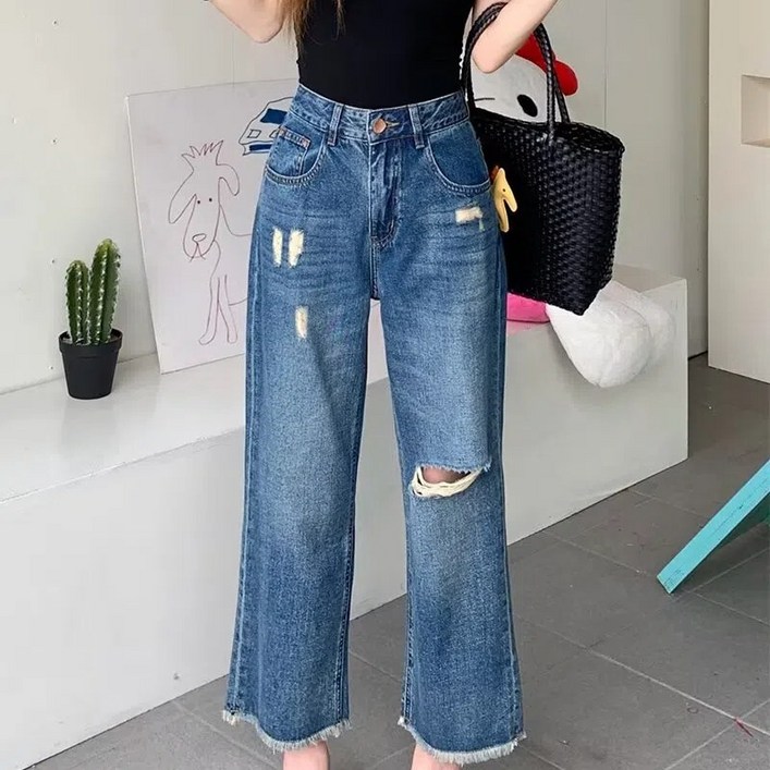 투니스 여성 디스트로이드 스트레이트 8부 데님 바지