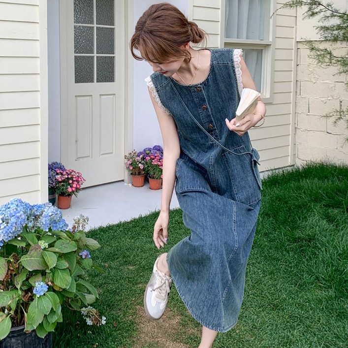 지고다그 여성 여름 데님 민소매 롱원피스 루즈핏 A라인 데일리 캐주얼 체형커버 LJMA0377