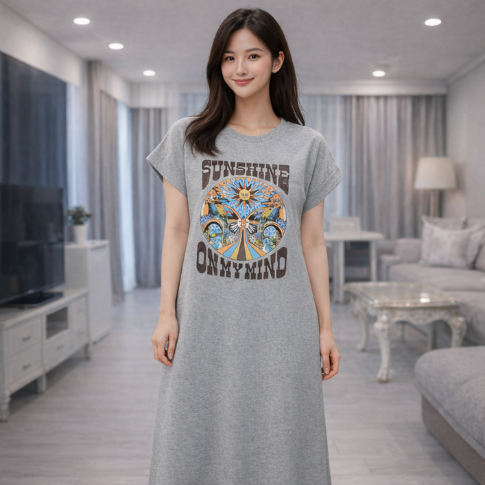 THE HONG 여성 100 순면 반팔 롱원피스 여름 홈웨어 잠옷 세미 루즈핏 데일리 원피스