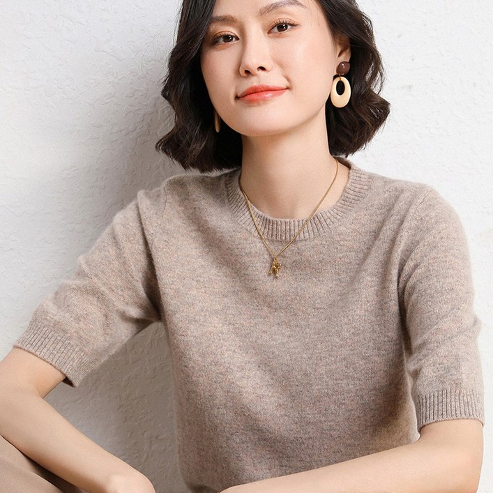 yuviny(유비니) 여성 반소매 니트 반팔 스웨터 부드러운 울터치 라운드넥 상의 ZZ0004