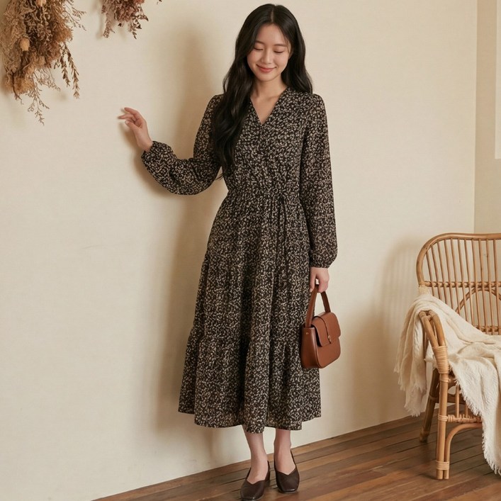 이벨프 D1208 빅사이즈 여성 플라워 랩 브이넥 긴소매 롱 원피스