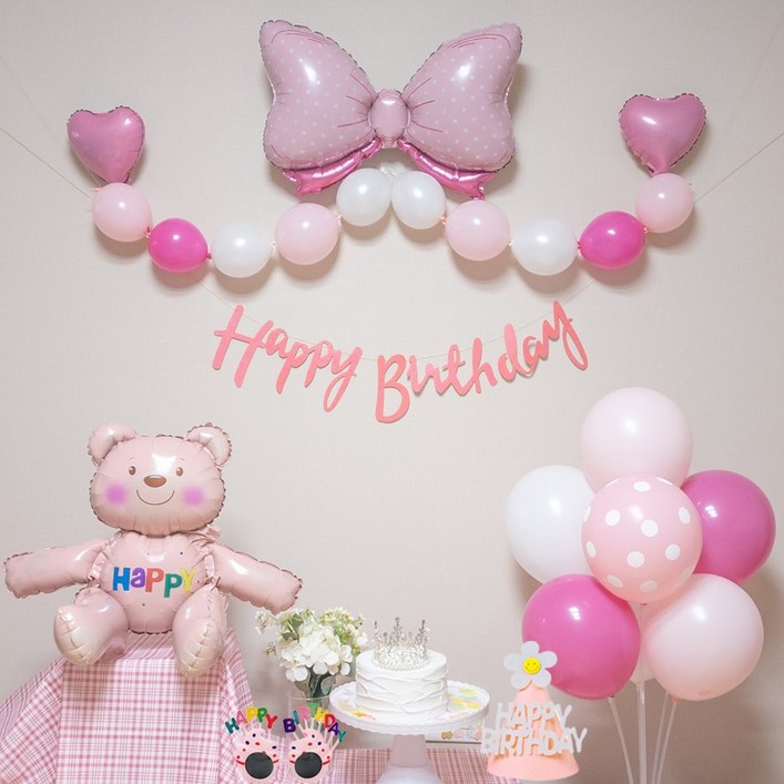 연지마켓 생일풍선 생일파티용품 리본풍선 세트, 핑크 곰돌이 세트