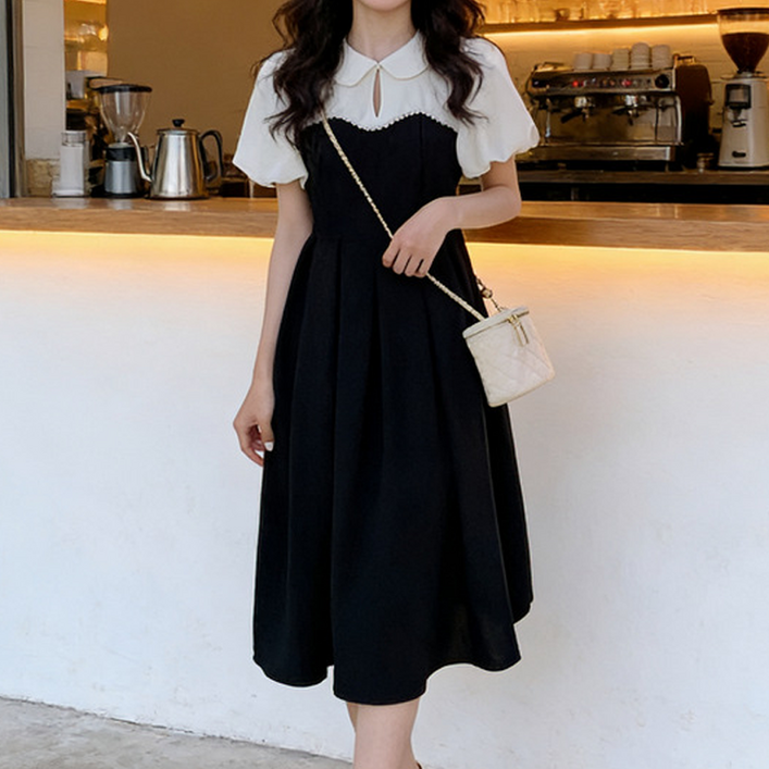 여성 배색 카라넥 롱 원피스 하객룩 데일리 루즈핏 편한 패션