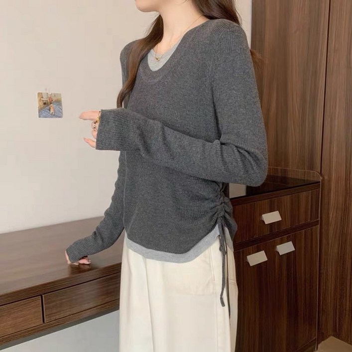 [리노브엠]옆셔링레이어드긴팔니트 셔링니트 골지니트 배색니트