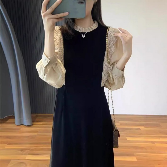 POMTOR 여성 가을 겨울 블랙 긴팔 레이스 벨벳 원피스