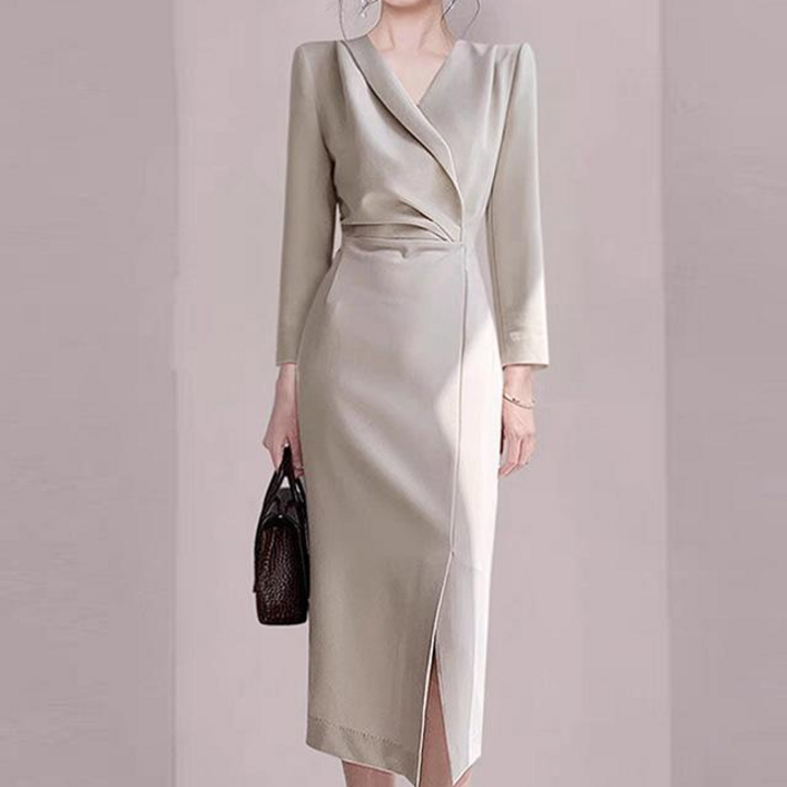 JQS 고급 랩스타일 H라인 빅사이즈 XL 원피스 단정한 오피스룩 하객룩 모임룩 1368