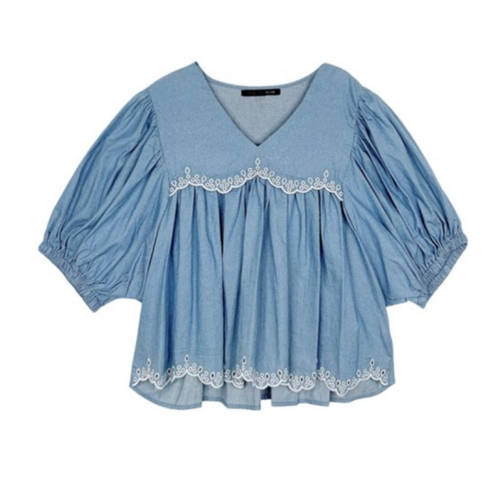 올리브데올리브 여성용 V넥 펀칭자수 주름 면 블라우스