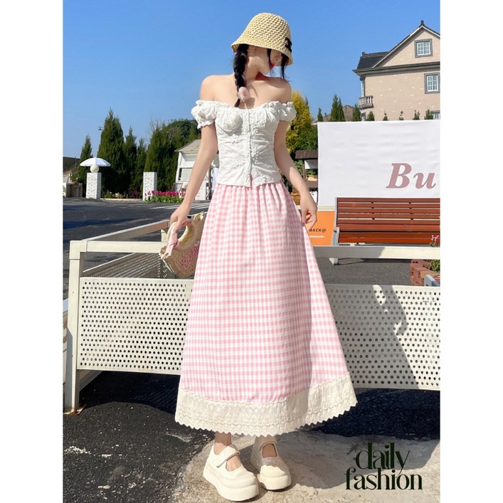 여성 레이스 체크 롱치마 봄 여름 키작녀 A라인 러블리 롱스커트