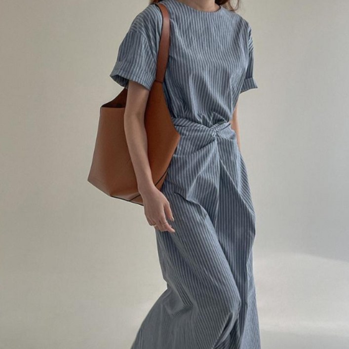 POMTOR 여름 여성  슬림  루즈핏 셔츠 스트라이프 롱원피스