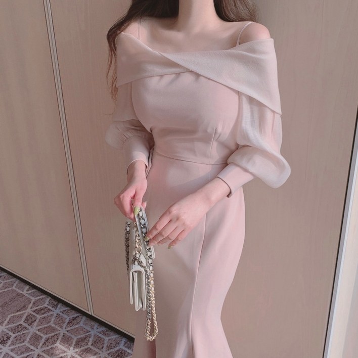 비비에모 오프숄더 우아쉬폰 머메이드 롱 원피스 00722