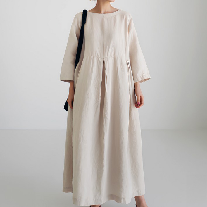 아뗄릭 옐리 라운드넥 핀턱 루즈핏 긴팔 롱 원피스 10055