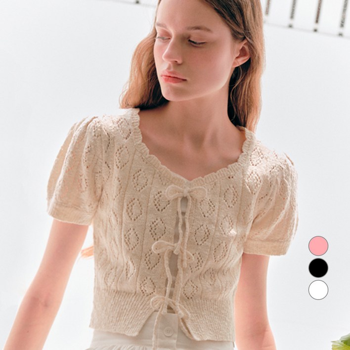 로라로라 여성용 리본 크로켓 볼레로 면 가디건