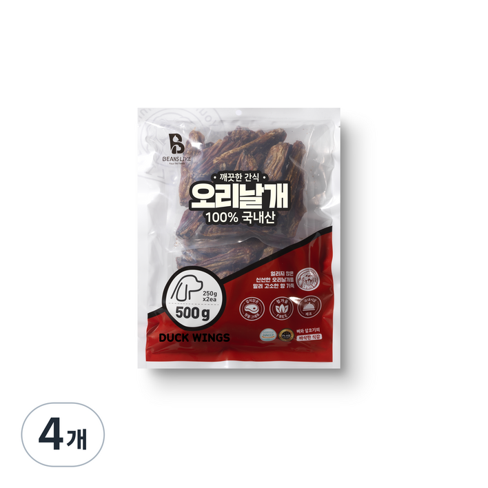 빈즈라이크 오리날개 강아지 간식, 오리날개맛, 500g, 4개