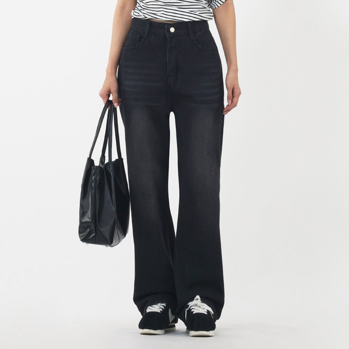 엘쏘 여성용 빈티지 워싱 보이핏 논페이드 와이드 데님 롱 청바지