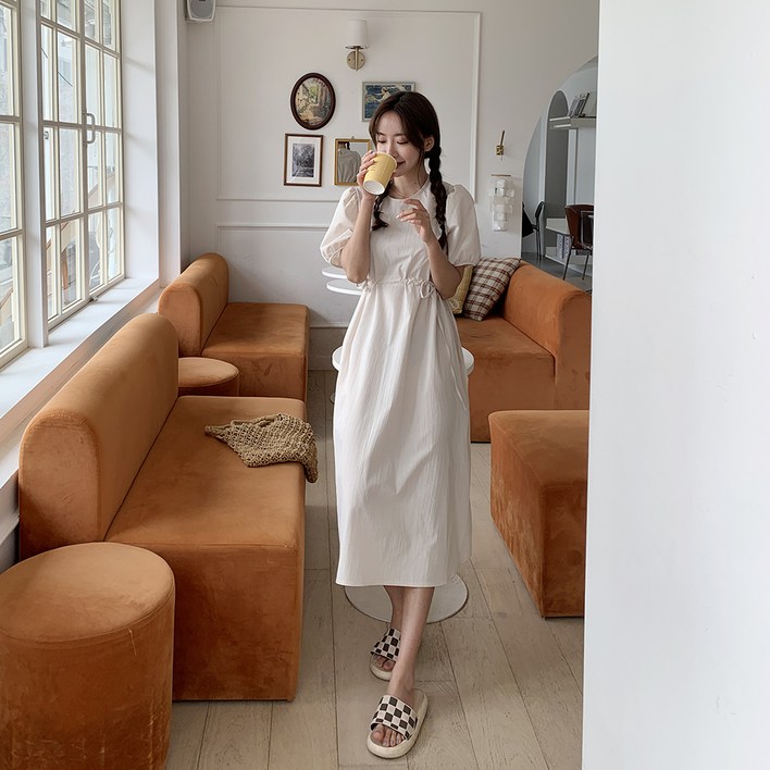 토마토팩토리 여성용 밴틀리 바스락 허리스트링 반팔 롱 원피스