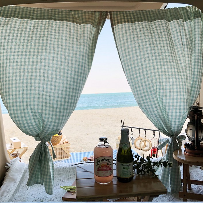 픽홈 파스텔 체크 차박 커튼 2p  커튼끈 2p  150cm 로프  보관 파우치  LED 앵두 전구, 민트, 1세트